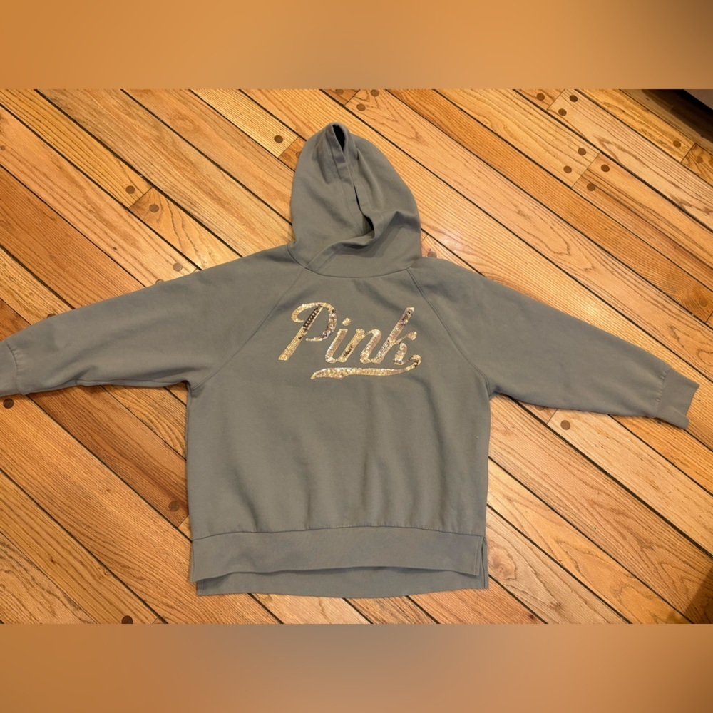Victoria’s Secret Pink Sage Hoodie Sweatshirt with Gold Sequins Logo size large